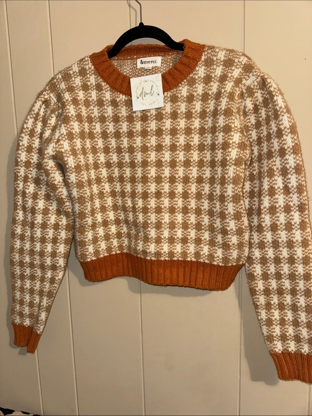 &merci Tan & Cream Houndstooth Crewneck Sweater